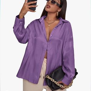 purple satiny button down shirt